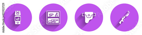 Set Pepper spray, Hunting shop weapon, Gun holster and gun icon with long shadow. Vector
