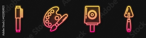 Set line Spray can nozzle cap, Pen, Paint brush with palette and Palette knife. Glowing neon icon. Vector