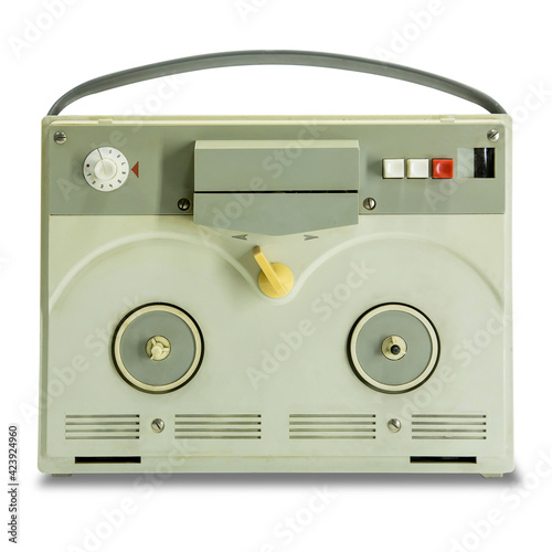 Retro tape recorder on a white background.