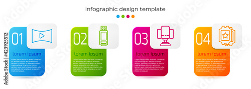 Set line Online play video, USB flash drive, Director movie chair and Cinema ticket. Business infographic template. Vector