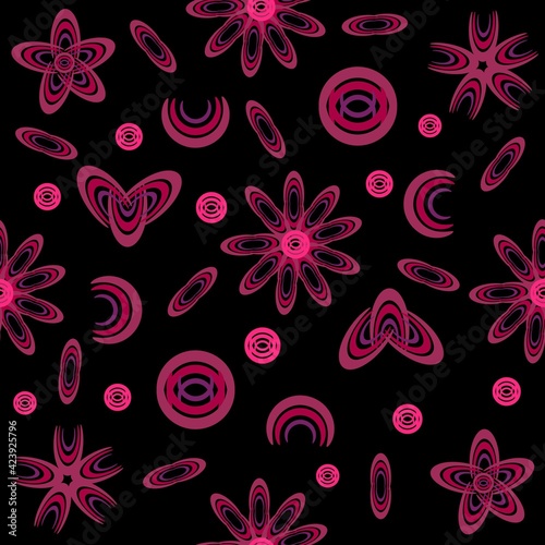 Abstract repeating pattern of elements of dark red color on a black background for fabric and paper