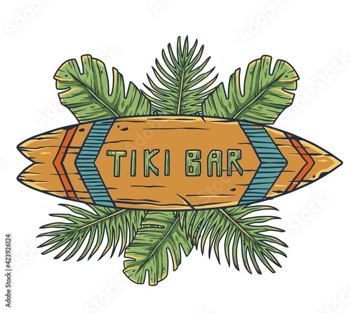 Design of trendy hawaii surf for tiki bar. Traditional ethnic surfing of hawaiian, maori or polynesian. Old tribal board