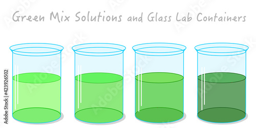 Green solution liquids in glass lab beaker, container. Light pistachio dark cyan bottle color fluids.  Gradual transition test tubes. Transparent shiny lab glassware. illustration Vector