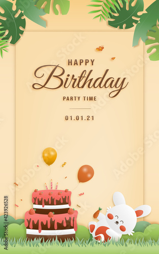 Cartoon happy birthday rabbit card with cake. Greeting cards with cute safari or jungle animals party in the tropical forest. Template invitation papercraft style vector illustration.	