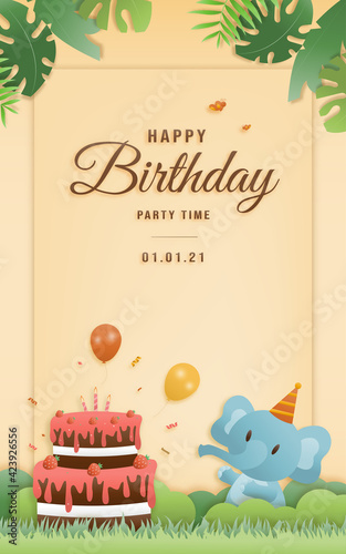 Cartoon happy birthday elephant card with cake. Greeting cards with cute safari or jungle animals party in the tropical forest. Template invitation papercraft style vector illustration.