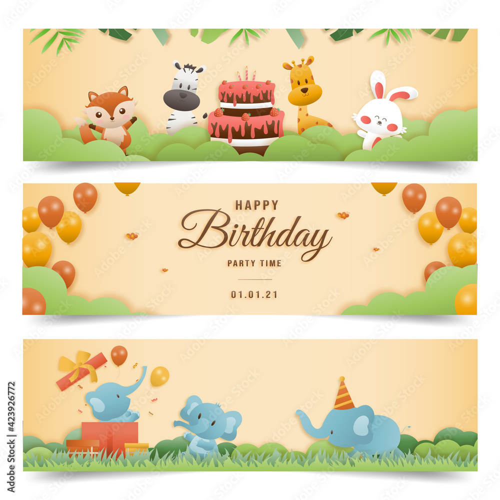 Obraz Invitation birthday greeting card with a cute animal. jungle animals celebrate children's birthday and template invitation papercraft style vector illustration.