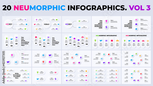 Neumorphic vector infographics. Circle diagrams. 3, 4, 5, 6, 7, 8 steps. Presentation slide template.  photo