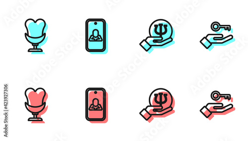 Set line Psychology, Psi, Armchair, Psychologist online and Solution to the problem icon. Vector