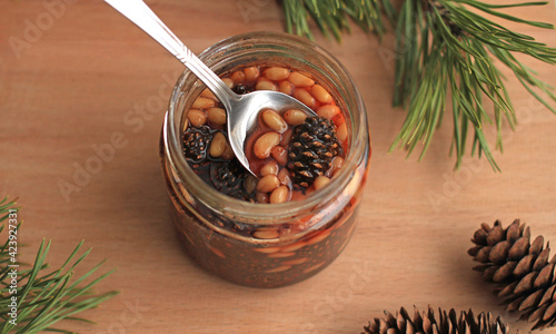 Healthy delicious jam made from pine cones with pine nuts