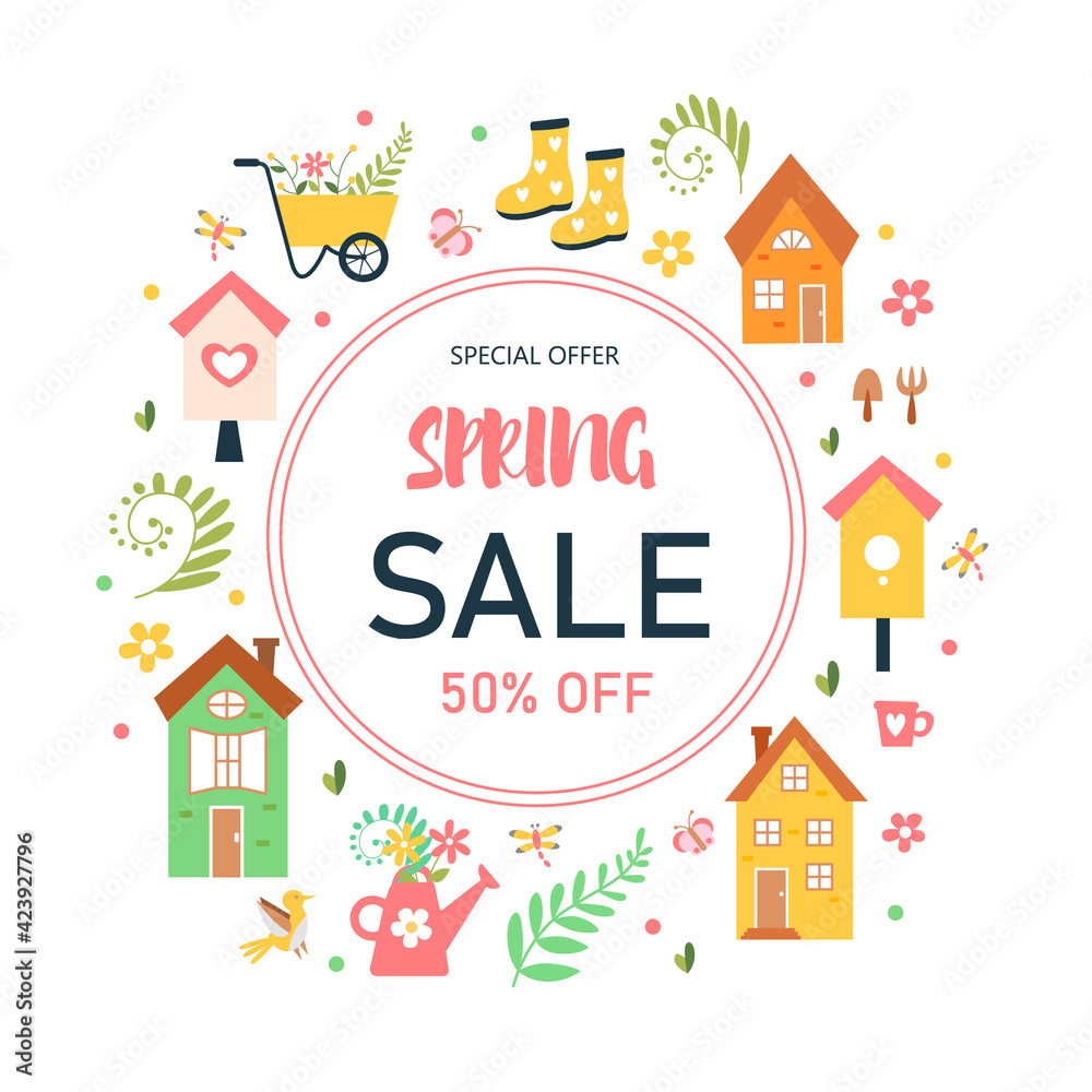 Sale poster with spring elements - house, watering can, flowers, birds and more. Vector illustration.