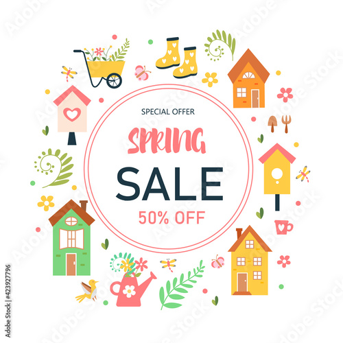 Sale poster with spring elements - house, watering can, flowers, birds and more. Vector illustration.