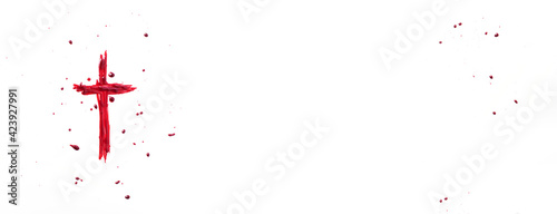 Crucifix ox Jesus Christ made with blood isolated on white background. Top view. Palm Sunday, Good Friday, Easter concept, Christ resurrection. Christianity symbol and faith. Banner