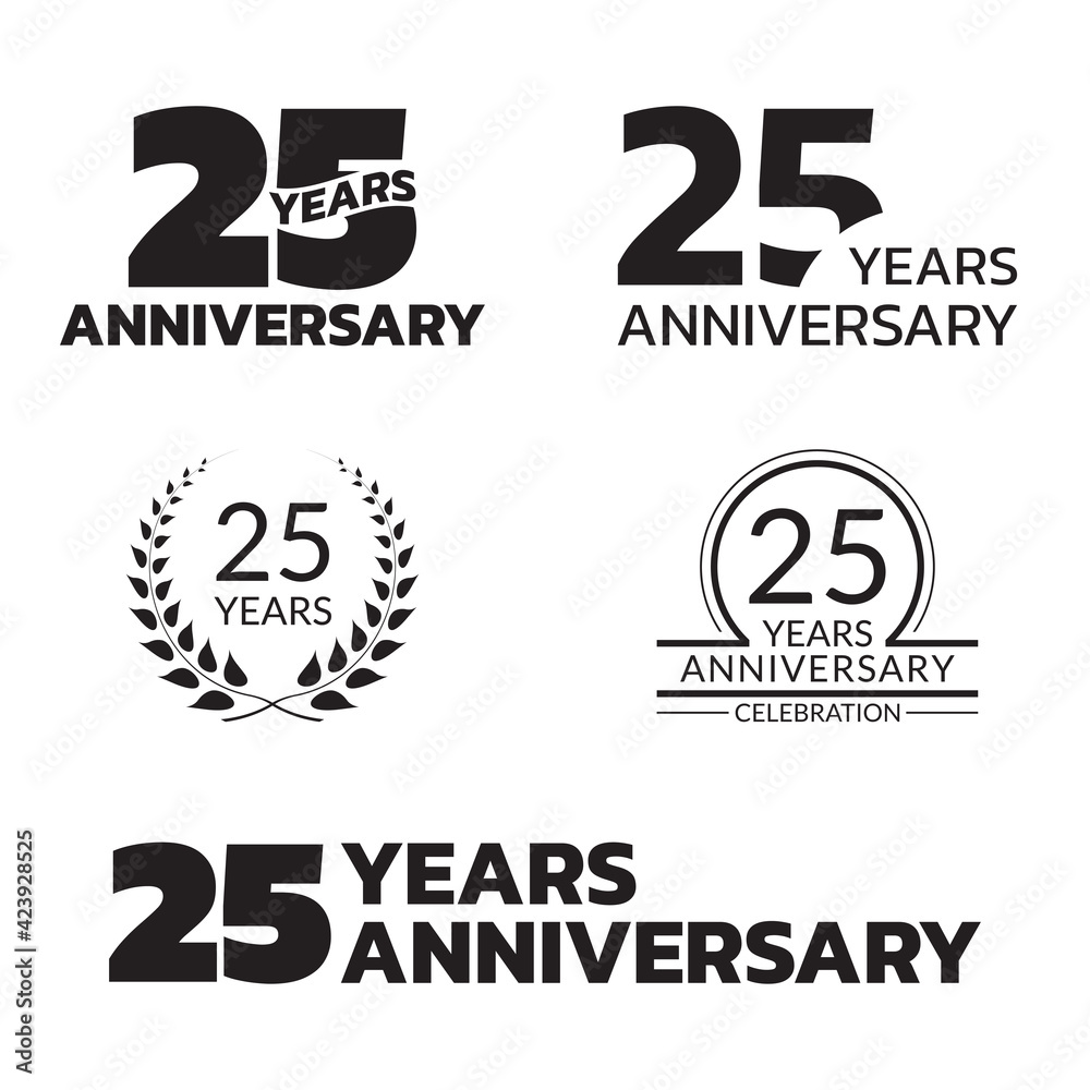 25 years anniversary icon or logo set. 25th birthday celebration badge or label for invitation card, jubilee design. Vector illustration.