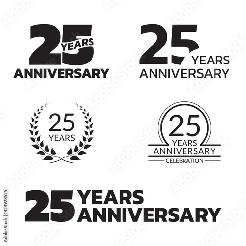 25 years anniversary icon or logo set. 25th birthday celebration badge or label for invitation card, jubilee design. Vector illustration.