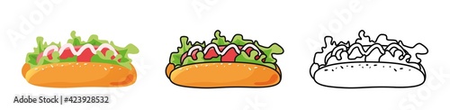 Set of hot dog illustration isolated on white background. Fast food. Junk street food. Hotdog icon for poster, banner, menu, brochure, web. Sandwich with mustard. Vector illustration