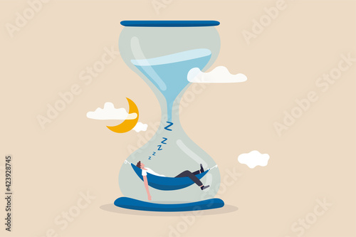 Sleep time or bedtime for human to relax and recover from tried and exhausted, restful or comfort sweet dream concept, healthy young man sleeping in hammock in counting down sandglass and moonlight.