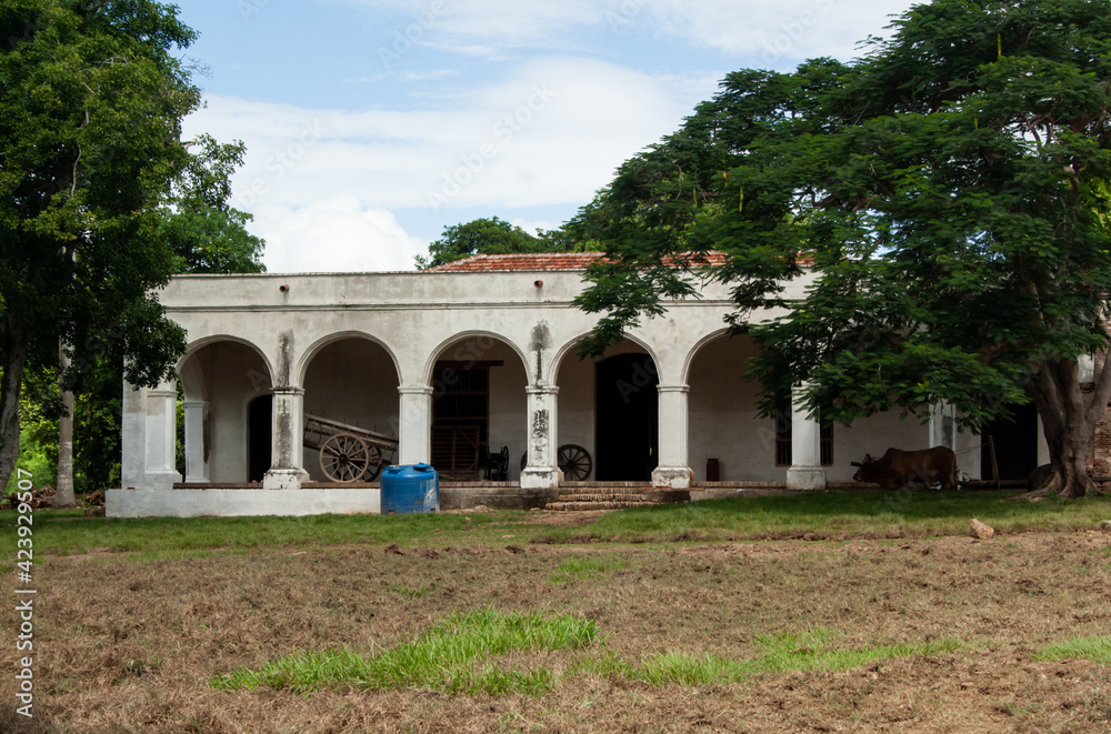 Obraz premium Colonial farm from the slave era in the San Isidro de los Destiladeros site, in the town of Manaca Iznaga, without tourists.