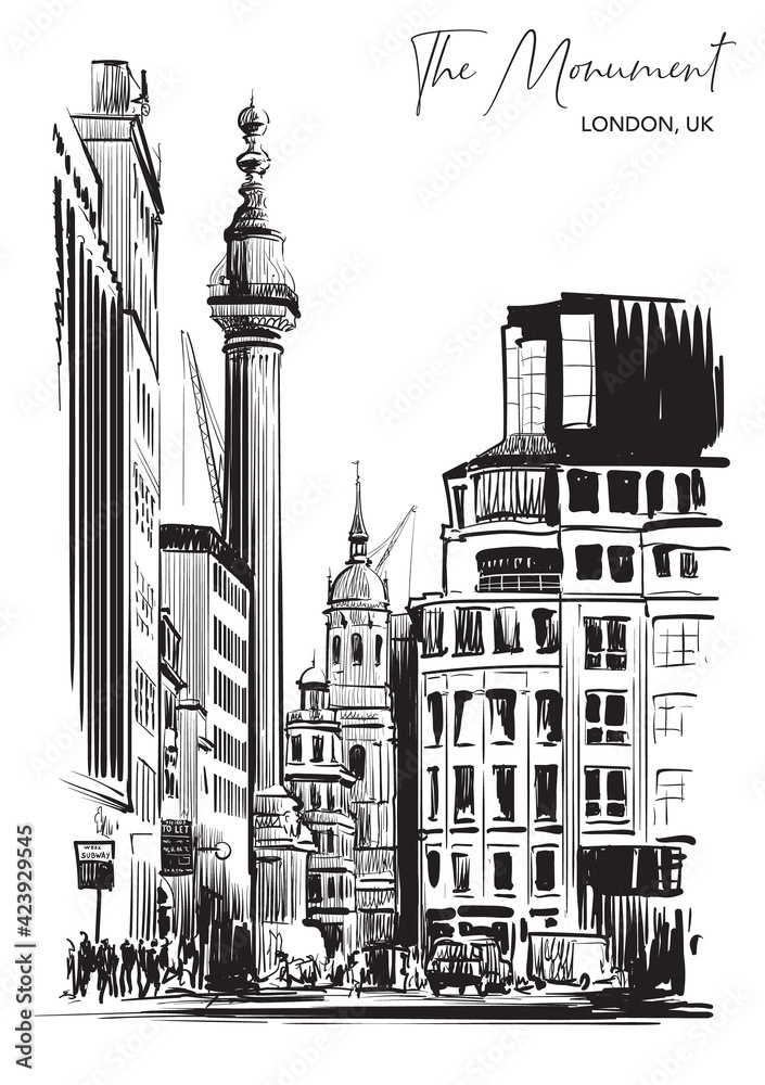 Fototapeta premium The Monument to the Great London Fire 1666. Black line sketch isolated on white background . A4 vertical format. EPS10 vector illustration