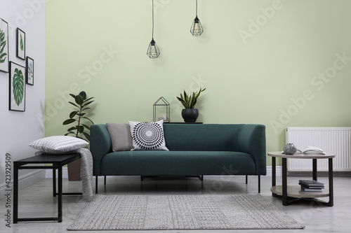 Stylish living room interior with comfortable green sofa and floral pictures photo