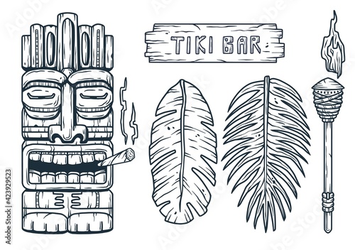 Set of trendy hawaii wooden tiki mask for surfing bar. Traditional ethnic idol of hawaiian, maori or polynesian. Old tribal totem with joint