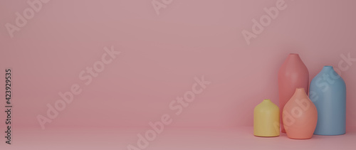 3D rendering, Home decor colourful ceramics vases and pot in pink background with copy space