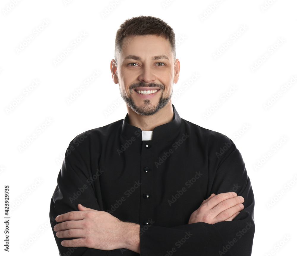 Priest wearing cassock with clerical collar on white background Priest wearing cassock with clerical collar on white background