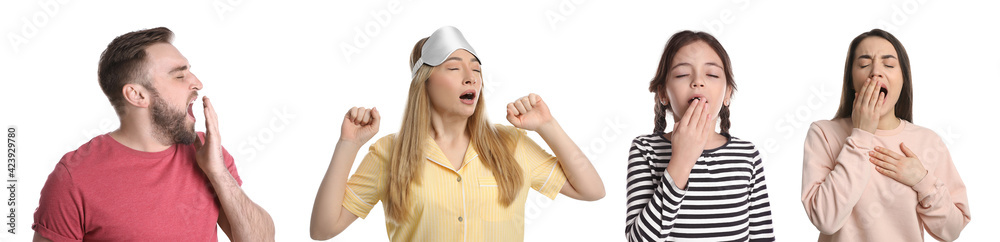Sleepy people yawning on white background, collage. Banner design Sleepy people yawning on white background, collage. Banner design