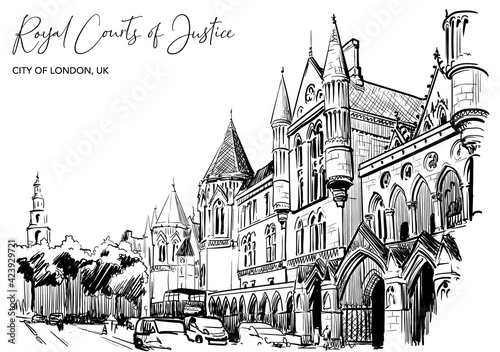 The Royal Courts of Justice a main court for England and Wales. Black line sketch isolated on white background. A4 horizontal format. EPS10 vector illustration