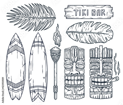 Set of trendy hawaii wooden tiki mask with joint for surfing bar. Traditional ethnic idol and surf of hawaiian, maori or polynesian. Old tribal totem torch