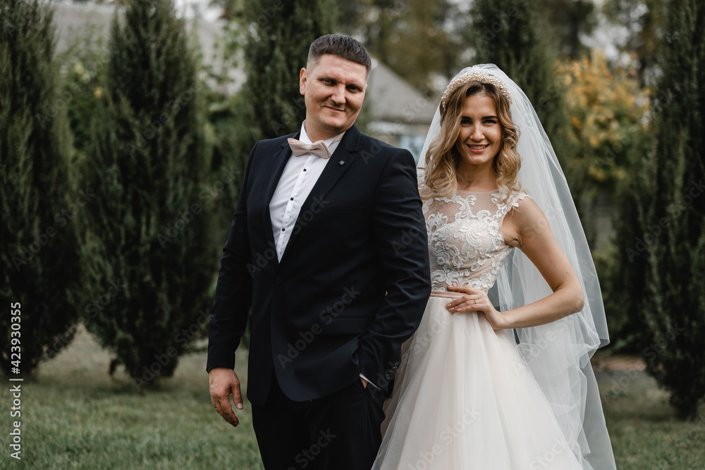 beautiful newlyweds are walking in the park. wedding couple in nature. portrait of the bride and groom. wedding day of a couple in love. thuja on the background of young people.