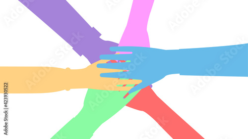 Silhouettes of united hands of men and women. The concept of cooperation, unity, friendship and mutual assistance. Vector illustration. Flat style