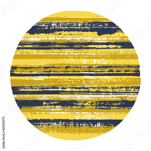 Modern circle vector geometric shape with striped texture of paint horizontal lines. Old paint texture disc. Emblem round shape logotype circle with grunge background of stripes.