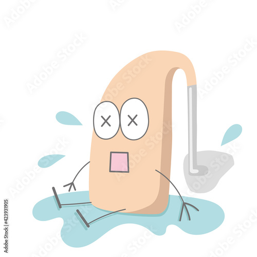 かわいい耳かけ補聴器キャラクターが水に濡れているイラスト