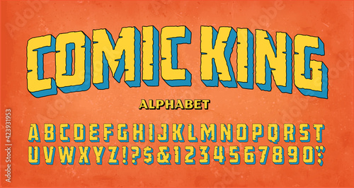 Comic King; a classic adventure comics logo style of font. This alphabet conjures up the vibe of vintage comic book titles from the mid 20th century.