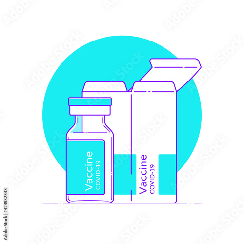 Isolated vector illustration of covid vaccine vial in flat style with outline. Glass ampoule template with box for medical design, logo. Injection bottle linear icon