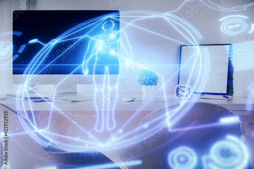 Double exposure of education theme drawing and office interior background. Concept of science.