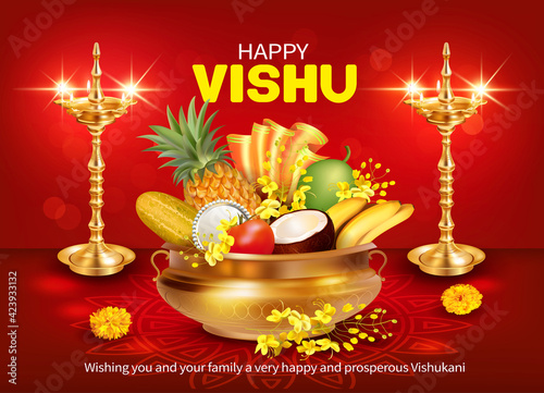 Greeting card with golden diyas and traditional vessel uruli with fruits and konna flowers (cassia fistula) for South Indian New Year festival Vishu (Vishukani). Vector illustration.
