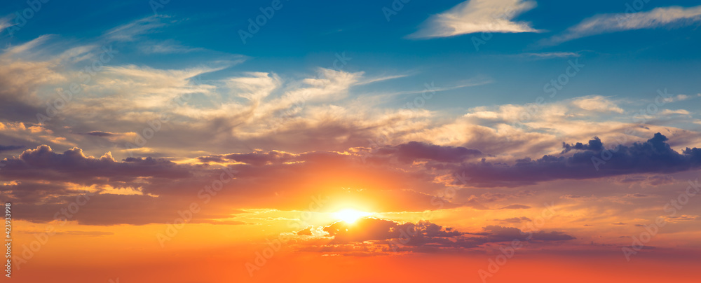 Fototapeta premium Panoranic Sunrise Sky with colorful clouds - background