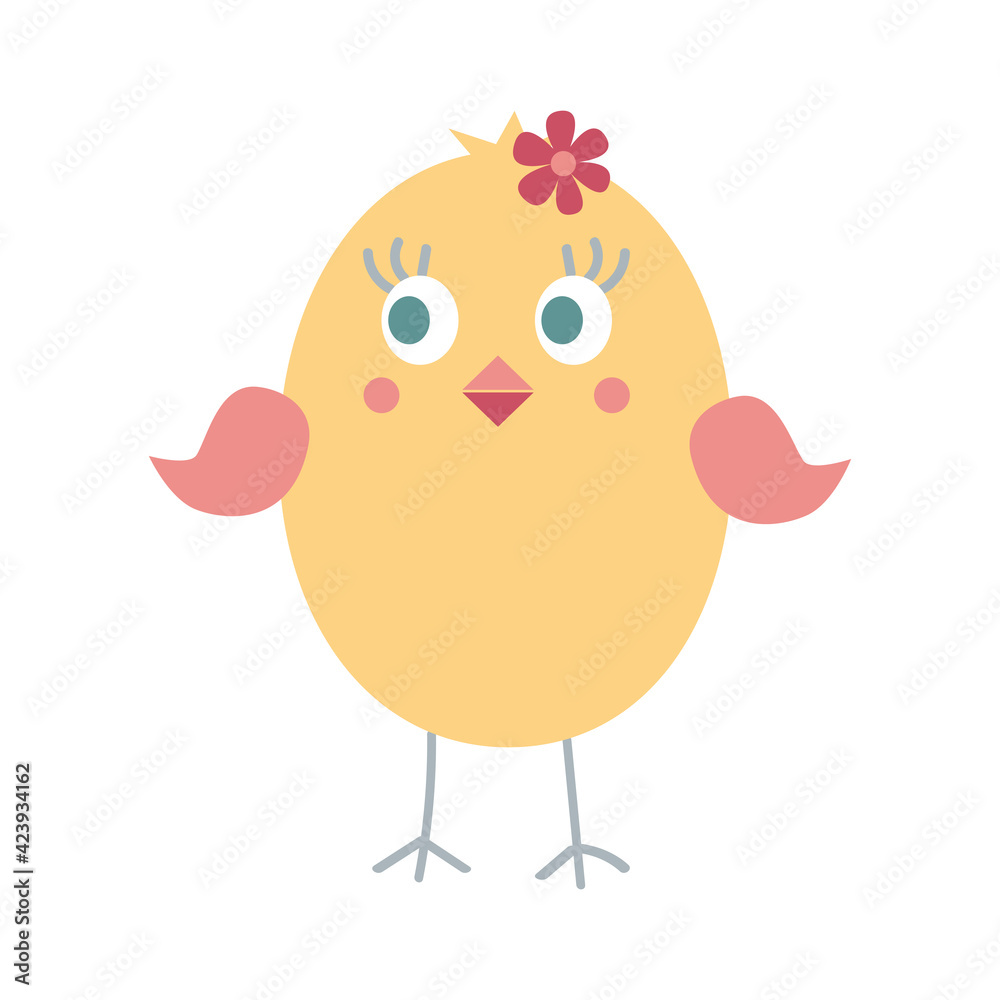 Funny yellow chicken. Easter chick on a white background.