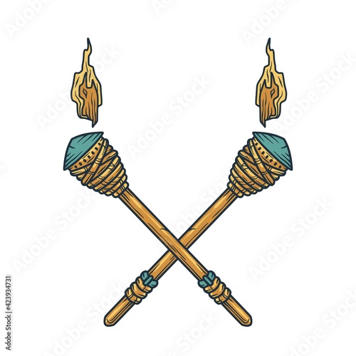 Trendy hawaii wooden tiki torch for surfing bar. Traditional ethnic flame of hawaiian, maori or polynesian. Old tribal flare