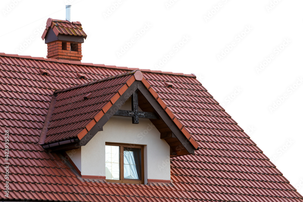 Close up of new orange roof with chimney and small modern window. Concept of modern roof with stylish small brown window.