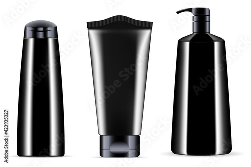 Black cosmetic bottle mockup. Cosmetic product packaging, pump tube, shampoo bottle, luxury men cosmetics. Shaving cream container blank. Liquid soap dispenser. Realistic vector collection