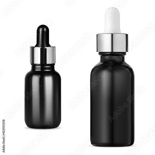 Black dropper bottle. Serum essence cosmetic container mockup. Skin care treatmentvial, essential oil drop jar, herbal medicine packaging, glossy silver plastic. Medical liquid flask mock up