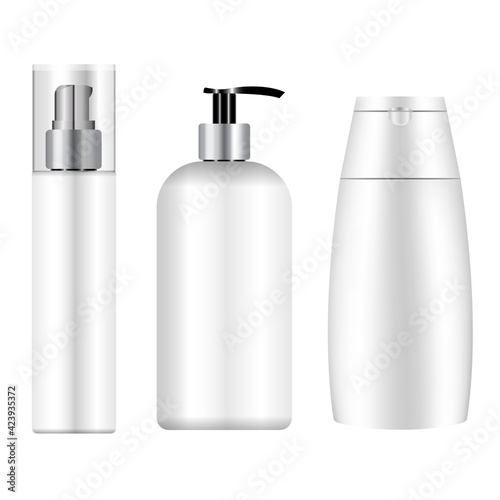 White cosmetic bottle mockup. Cosmetic product package blank. 3d vector template of cosmetic packaging for body gel, beauty cream, bath hygiene. Liquid foam pump bottle, realistic design