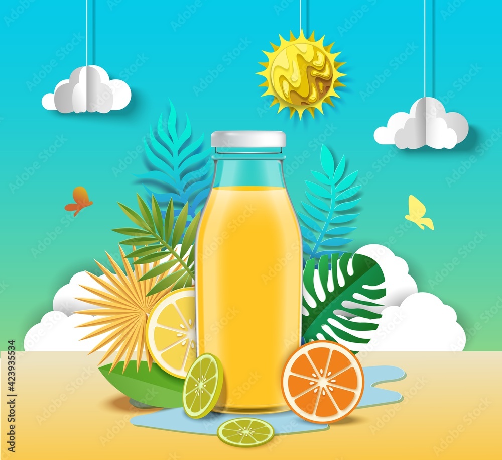 Citrus juice advertising poster design template. Healthy refreshing fruit beverage ads, vector paper cut illustration. - obrazy, fototapety, plakaty 