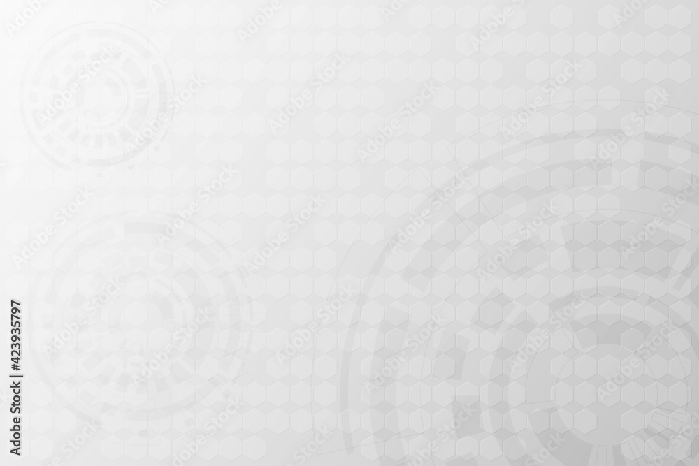 Abstract White grey hexagon background with mechanic redial. Electric board surface with mechanic circle on background. Modern Template for create information.