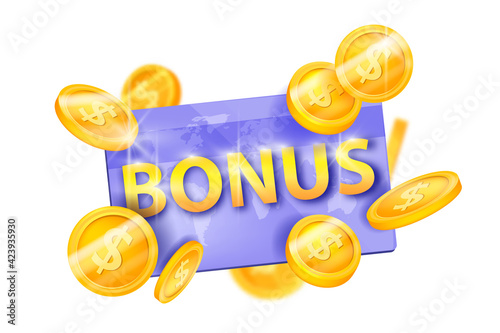 Bonus gift card vector loyalty program, discount winner voucher illustration, flying golden coins. Customer reward, certificate points, cashback isolated 3D concept. VIP client holiday sale bonus card