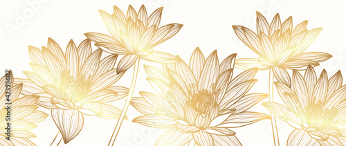 Luxury Gold lotus background vector. Golden Lotus line arts design for wallpaper, wall arts, fabric, prints and background texture, Vector illustration.