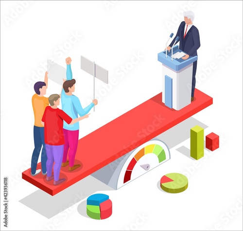 Group of people protesters with placards and politician, vector isometric illustration. Political protest strike crisis.
