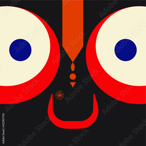 Black background depicting Lord Jagannath. Vector drawing of Krishna close up.